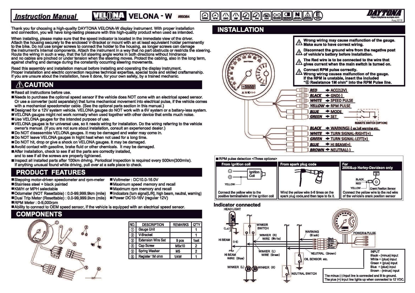 DAYTONA VELONA W COMBO SPEEDO/TACHOMETER 9000rpm