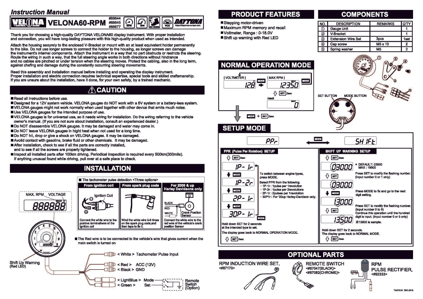 DAYTONA 60 DREHZAHLMESSER 9000 U/min