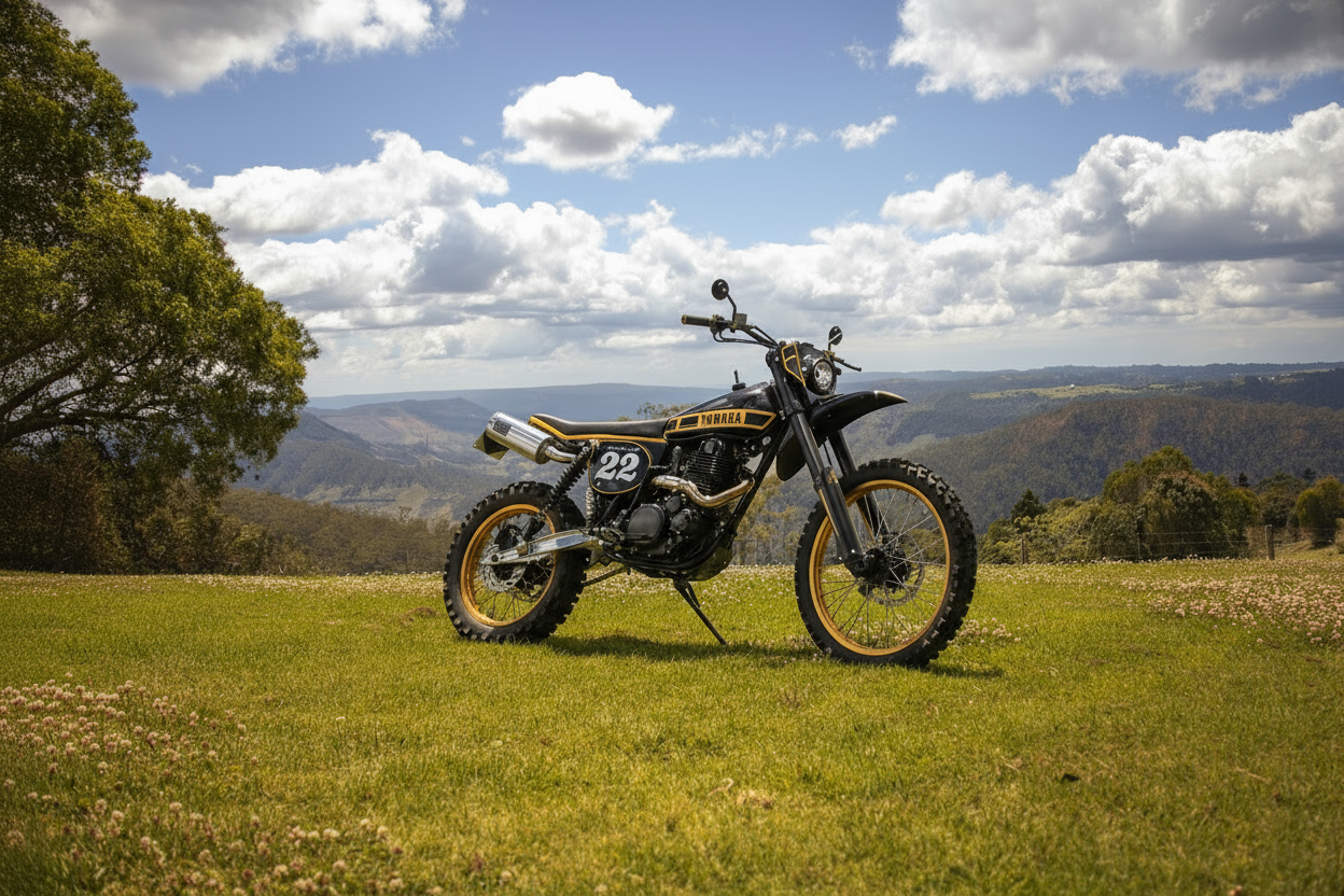 Motorcycle on a grassy field with a scenic background