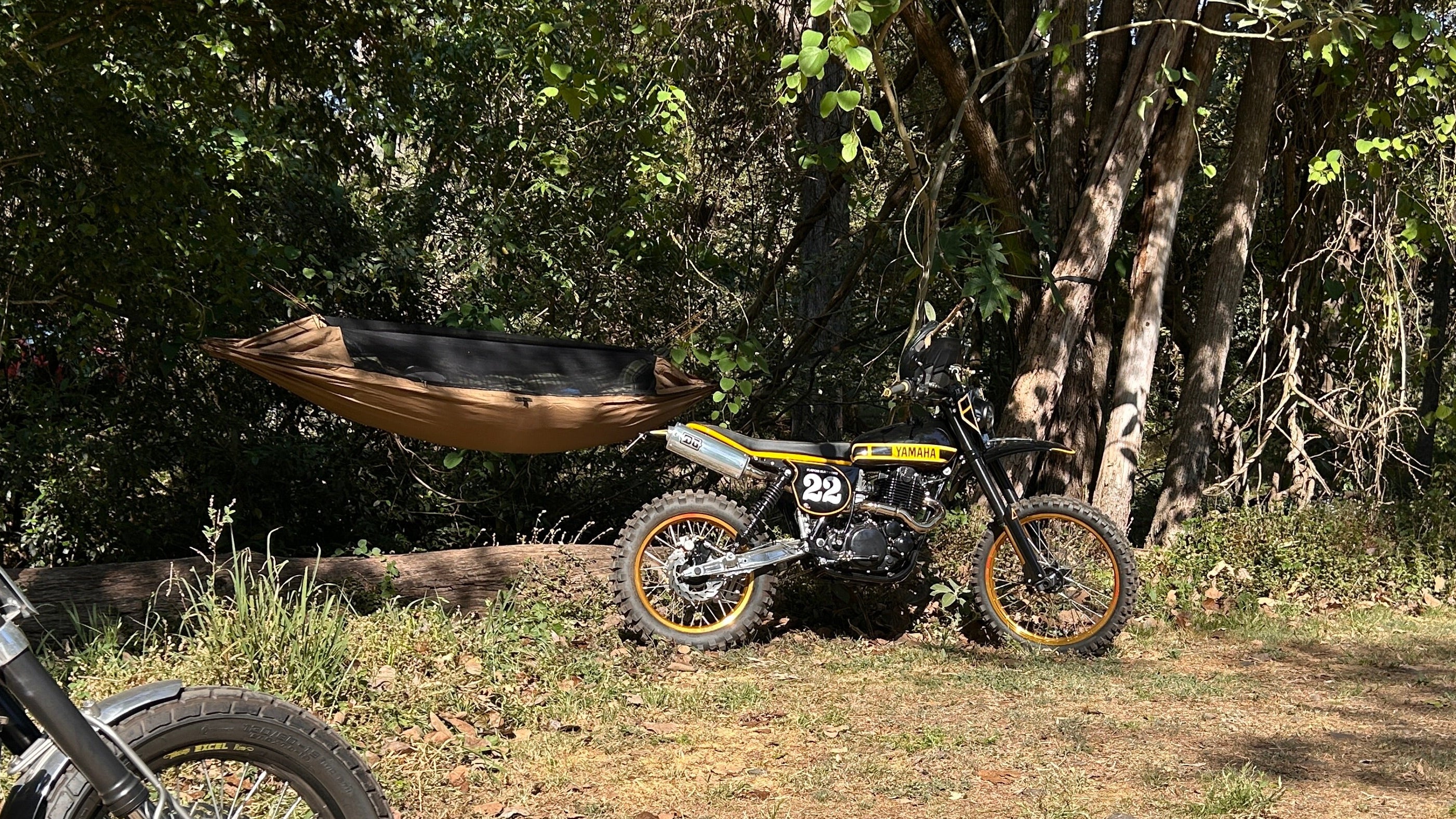 Two motorcycles parked on a dirt path surrounded by trees